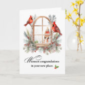 新しいホームおめでとう（鳥）ショウジョウコウカンチョウの鳥のウィンドウ カード (黄色い花)