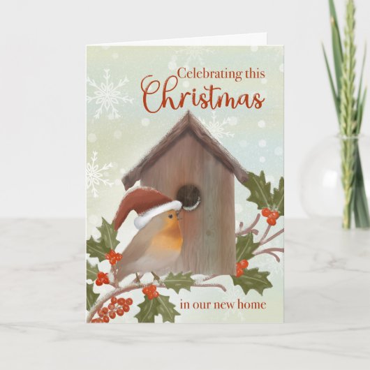 新しいホームでクリスマス 鳥と鳥の家 カード (正面)