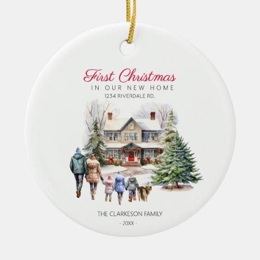 新しいホームの初めてのクリスマス |ペットと家族 セラミックオーナメント (正面)