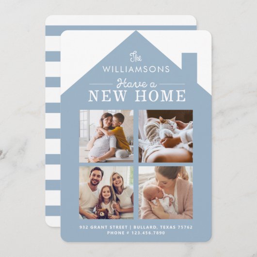 新しいホームアドレスファミリーフォトコラージングブルー 案内状 (正面/裏面)