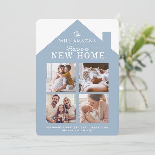 新しいホームアドレスファミリーフォトコラージングブルー 案内状 (スタンド正面)
