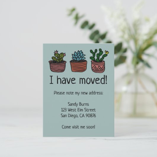 新しいホームアドレス移動アナウンスかわいいCacti ポストカード (スタンド正面)