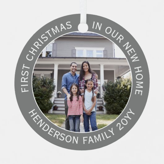 新しいホームアドレス1stクリスマスシンプル2フォトグレー メタルオーナメント (正面)