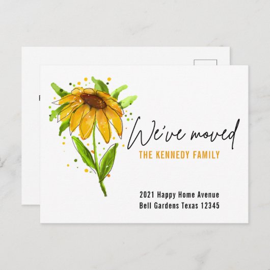 新しいホームイエロー水色フローラ引っ越しました   案内ポストカード (正面/裏面)