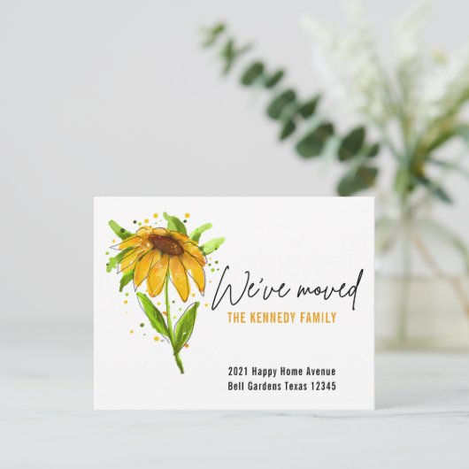新しいホームイエロー水色フローラ引っ越しました   案内ポストカード (スタンド正面)