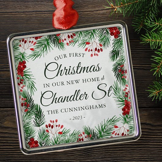 新しいホームウォーターカラーの初めてのクリスマス メタルオーナメント