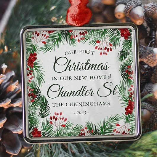 新しいホームウォーターカラーの初めてのクリスマス メタルオーナメント