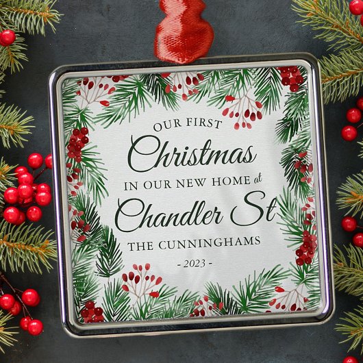 新しいホームウォーターカラーの初めてのクリスマス メタルオーナメント