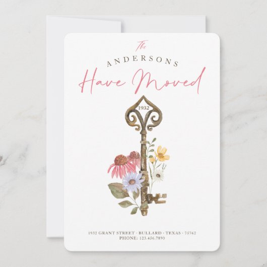 新しいホームウォーターカラーワイルドフラワーフローラヴィンテージ鍵 案内状 (正面)