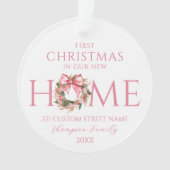 新しいホームクリスマスにピンクの弓初めてのクリスマス オーナメント (正面)