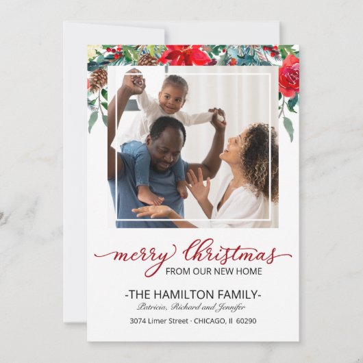 新しいホームクリスマスムービングアナウンスメントフォト シーズンカード (正面)