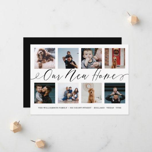 新しいホームスクリプエレガントト写真コラージュ移動 案内状 (正面/裏面インサイチュ)