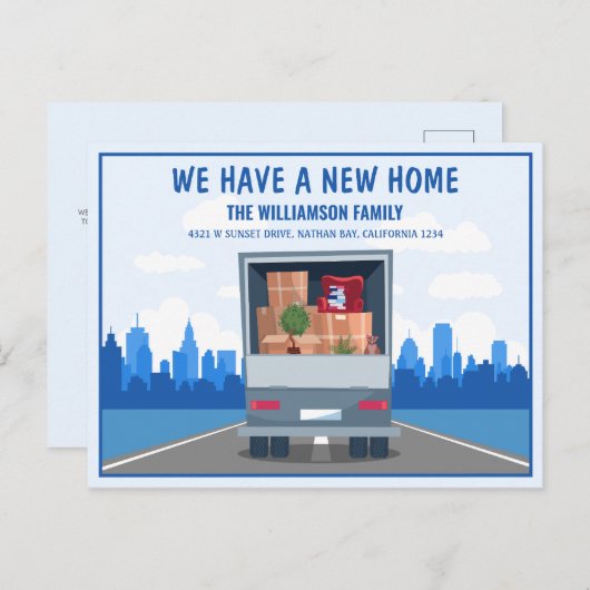 新しいホームトラックと青い街並み移動 案内ポストカード (正面/裏面)