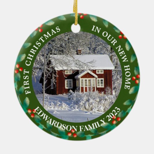 新しいホームハウスの写真の初めてのクリスマス セラミックオーナメント (裏面)