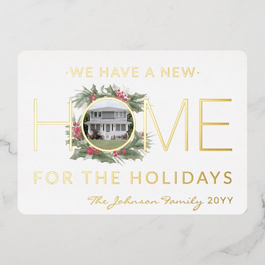 新しいホームフォトクリスマスリースの住所の変更 箔シーズンカード (正面)