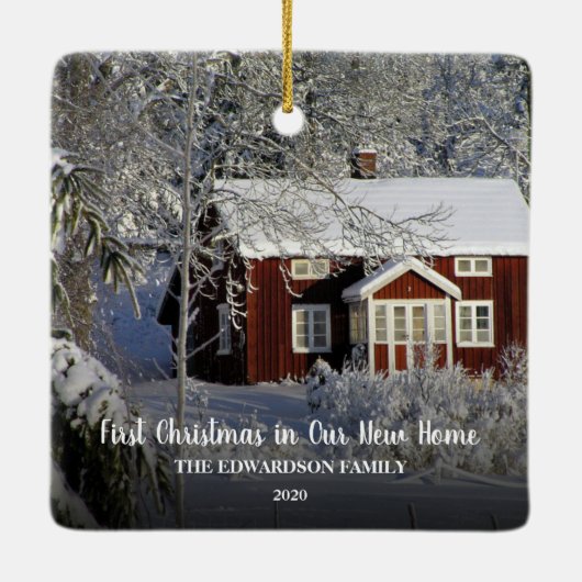 新しいホームフォトファミリーの初めてのクリスマス セラミックオーナメント (裏面)