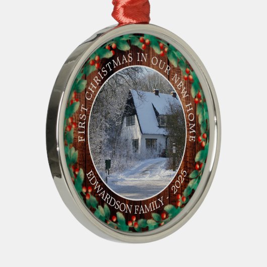 新しいホームフォトファミリーの初めてのクリスマス メタルオーナメント (右)