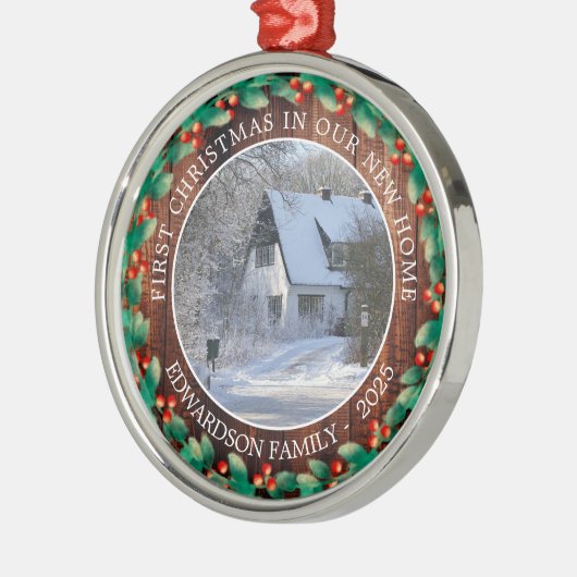 新しいホームフォトファミリーの初めてのクリスマス メタルオーナメント (左)