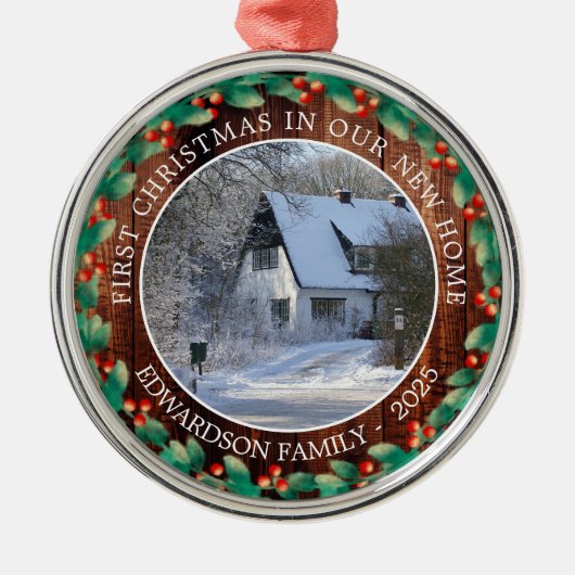 新しいホームフォトファミリーの初めてのクリスマス メタルオーナメント (正面)