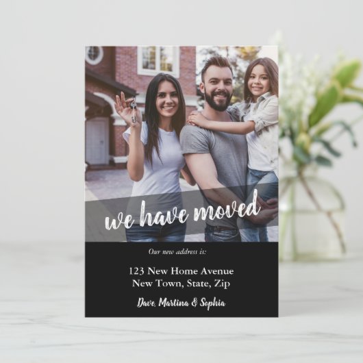 新しいホームフォト引っ越しましたブラシスクリプトオーバーレイ 案内状 (スタンド正面)