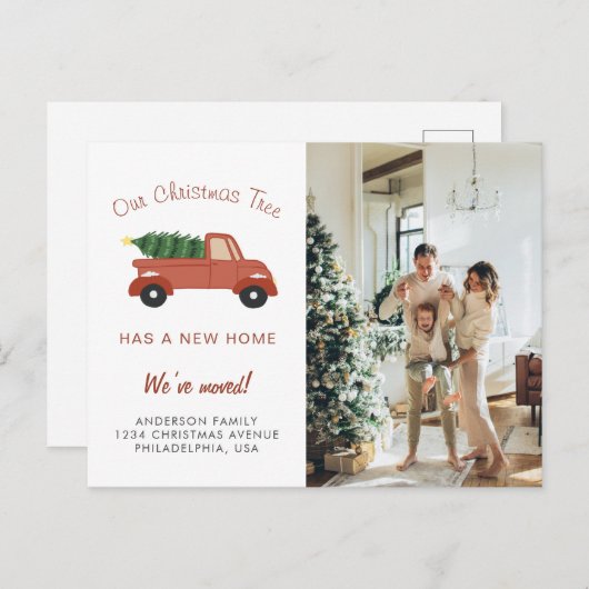 新しいホームレッドトラッククリスマスツリー写真の移動 案内ポストカード (正面/裏面)