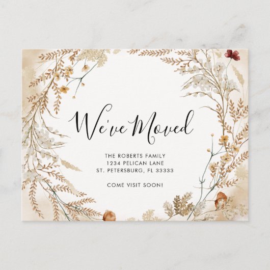 新しいホームワイルドフラワーの葉のリース移動 案内ポストカード (正面)