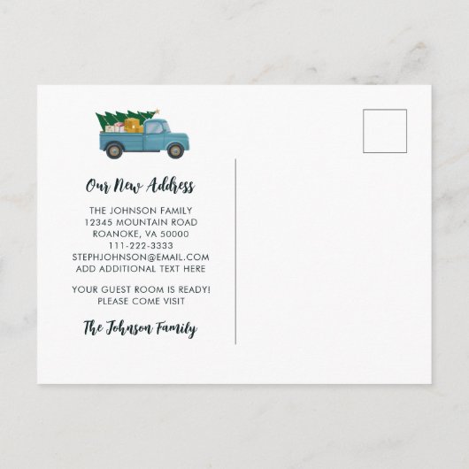 新しいホームヴィンテージブルートラッククリスマスツリー移動 案内ポストカード (裏面)