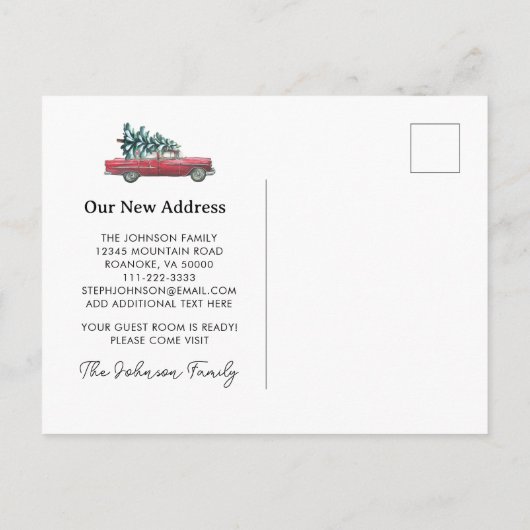 新しいホームヴィンテージレッドカークリスマスツリー移動 案内ポストカード (裏面)