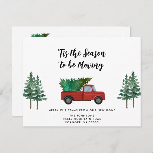 新しいホームヴィンテージレッドトラッククリスマスツリー移動 案内ポストカード (正面/裏面)