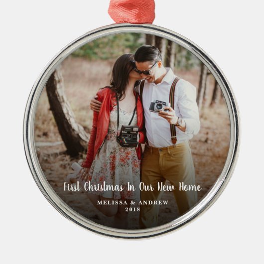 新しいホーム写真の初めてのクリスマス メタルオーナメント (正面)