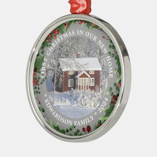 新しいホーム写真の初めてのクリスマス メタルオーナメント (左)