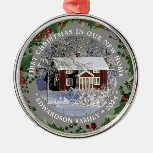 新しいホーム写真の初めてのクリスマス メタルオーナメント (正面)
