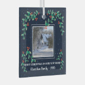 新しいホーム写真の家族の名前の初めてのクリスマス ガラスオーナメント (正面右)