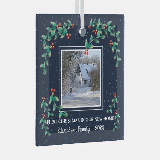 新しいホーム写真の家族の名前の初めてのクリスマス ガラスオーナメント (正面右)