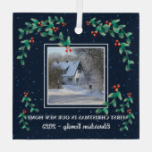 新しいホーム写真の家族の名前の初めてのクリスマス ガラスオーナメント (裏面)