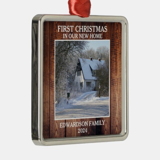 新しいホーム写真の家族の名前の初めてのクリスマス メタルオーナメント (右)