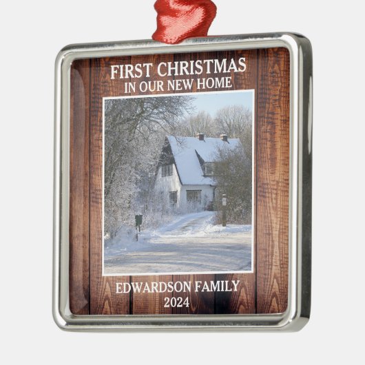 新しいホーム写真の家族の名前の初めてのクリスマス メタルオーナメント (左)