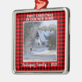 新しいホーム写真の家族の名前の初めてのクリスマス メタルオーナメント (左)