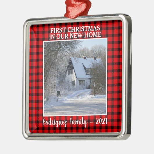 新しいホーム写真の家族の名前の初めてのクリスマス メタルオーナメント (左)