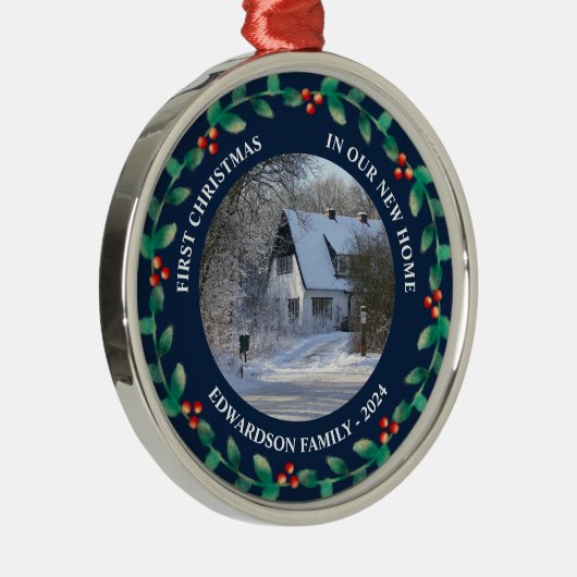 新しいホーム写真の家族の名前の初めてのクリスマス メタルオーナメント (右)