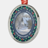 新しいホーム写真の家族の名前の初めてのクリスマス メタルオーナメント (左)