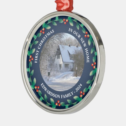 新しいホーム写真の家族の名前の初めてのクリスマス メタルオーナメント (左)
