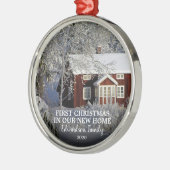 新しいホーム写真の家族の名前の初めてのクリスマス メタルオーナメント (左)