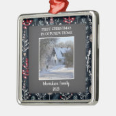 新しいホーム写真の家族の名前の初めてのクリスマス メタルオーナメント (左)