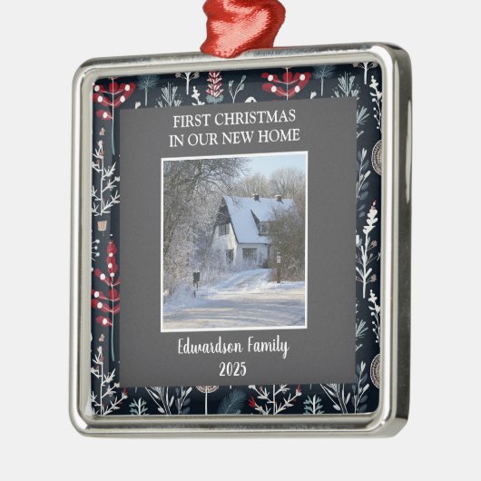 新しいホーム写真の家族の名前の初めてのクリスマス メタルオーナメント (左)