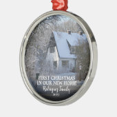 新しいホーム写真の家族の名前の初めてのクリスマス メタルオーナメント (左)