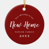 新しいホーム初めてのクリスマスのブラシ付き赤い写真 セラミックオーナメント (正面)