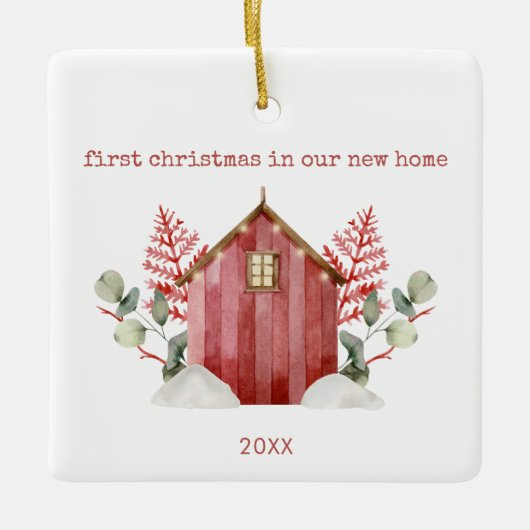 新しいホーム初めてのクリスマスのミニマル写真 セラミックオーナメント (正面)
