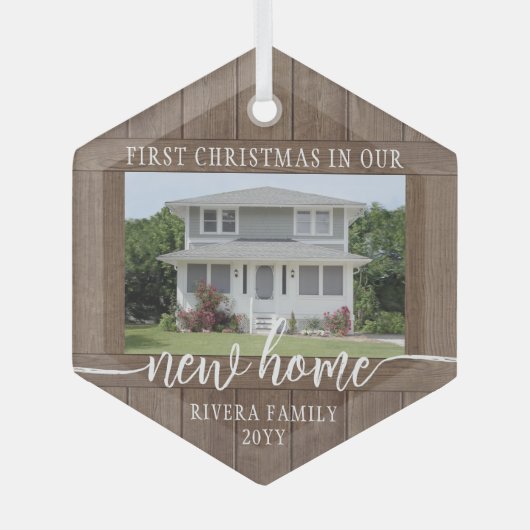 新しいホーム初めてのクリスマス1フォトウ素朴ェッドフェイク ガラスオーナメント (正面)