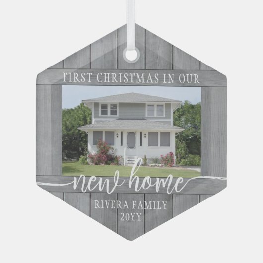 新しいホーム初めてのクリスマス1フォトグフェイクレーウッド ガラスオーナメント (正面)